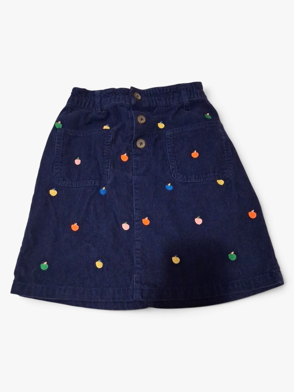 Mini Boden Girls Navy Corduroy Skirt with Multicolor Apple Embroidery 12/13